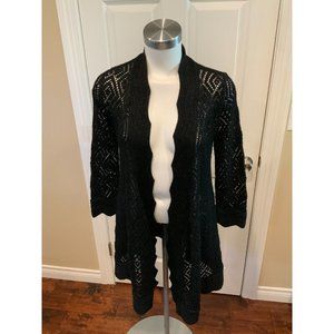 Diane Von Furstenberg Shimmering Black Wool Open Front Cardigan Sweater, Size S